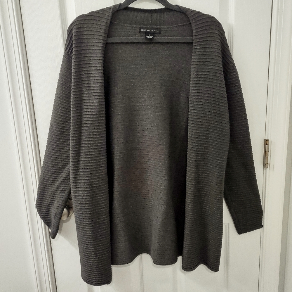 Joan Vass Open Front Longline Textured Charcoal Gray Cardigan Size M
